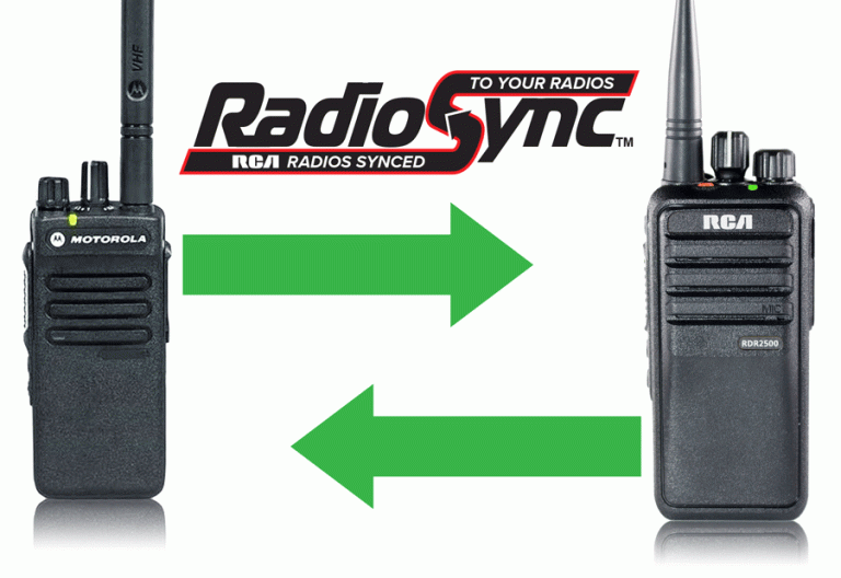 RadioSync concept: green arrows point between one RCA 2-way radio and one Motorola, indicating their ability to communicate.
