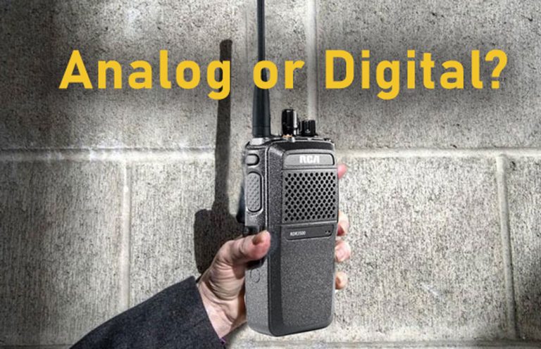 A hand holds an RCA 2-way radio in front of a concrete wall and below the title "Analog or Digital?"