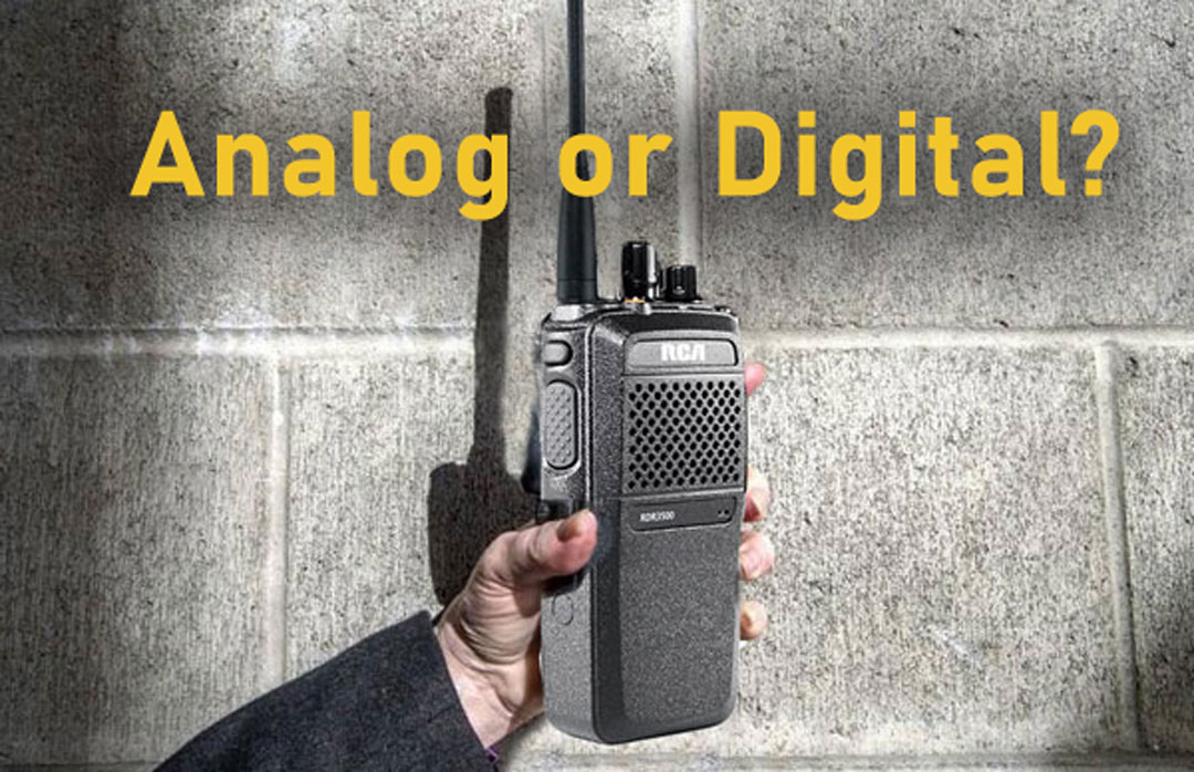 A hand holds an RCA 2-way radio in front of a concrete wall and below the title "Analog or Digital?"