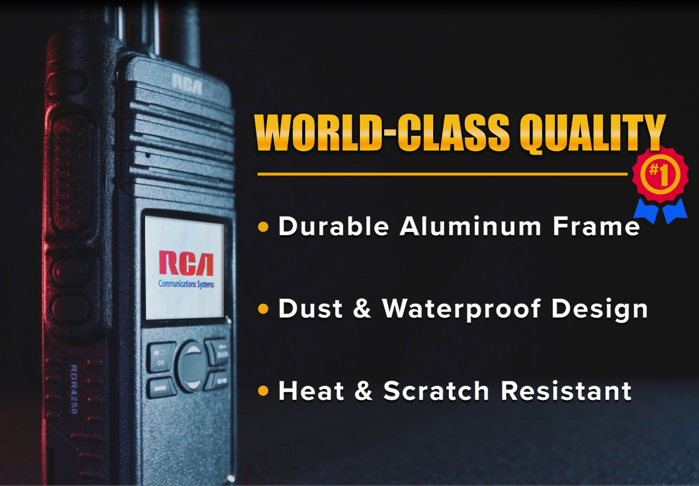 An RCA RDR4250 handheld 2-way radio rests beside the promotion: "World-Class Quality. Durable Aluminum Frame. Dust & Waterproof Design. Heat & Scratch Resistant."