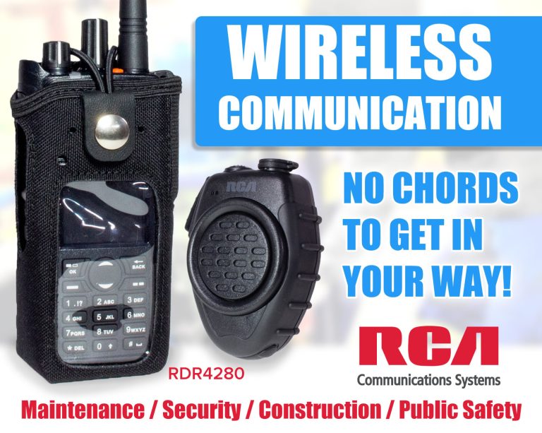 An RDR4280 handheld two-way radio rests in a holster beside a wireless speaker mic and the tagline, "Wireless Communication. No Chords To Get in Your Way!"
