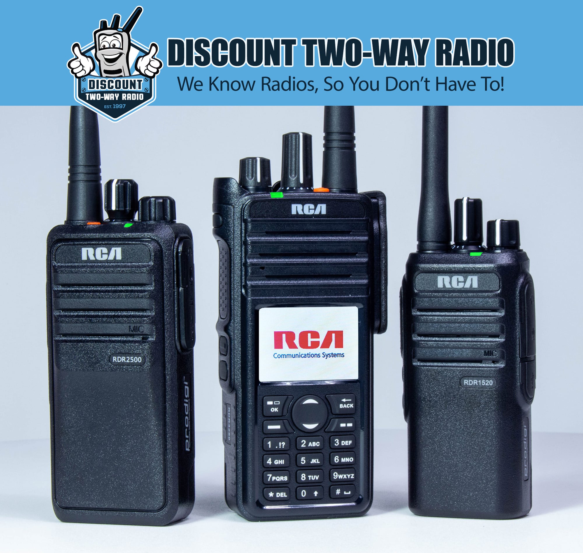 Three handheld radio models -- the RDR2500, RDR4280, and RDR1520 -- are arranged together beneath DTWR's logo and tagline, "We Know Radios, So You Don't Have To!"
