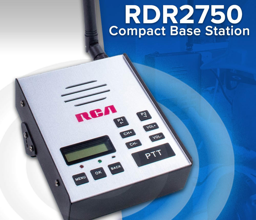 RCA's RDR2750 compact base station is set against a blue-white background and circular radio waves.