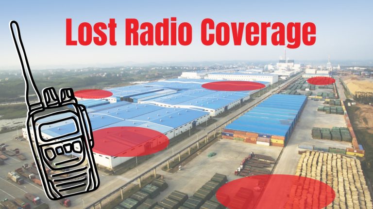 Red circles superimposed over a manufacturing facility represent areas where two-way radios are losing coverage.