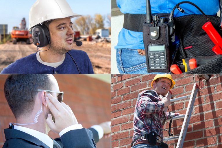 A construction worker wears a two-way radio headset on a jobsite. Another clips a radio to their toolbelt using a holster. A third uses a speaker mic with their radio while standing on a ladder. A security professional in a suit presses their fingers against an earpiece while pointing with their other hand.
