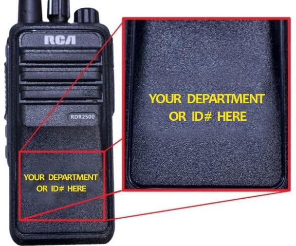 Two-way radio engraving is demonstrated with a mockup of a handheld unit with the words, "Your Department or ID# Here."