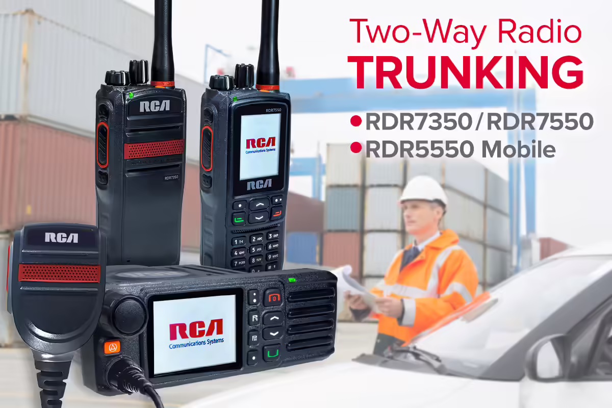 An RDR7350 handheld, an RDR7550 handheld, and an RDR5550 mobile radio are displayed next to a dockworker and cargo containers, along with the text, "Two-Way Radio Trunking."